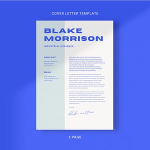 May include: A cover letter template featuring the name Blake Morrison and the job title Industrial Designer. The template includes sections for contact details and a letter body.