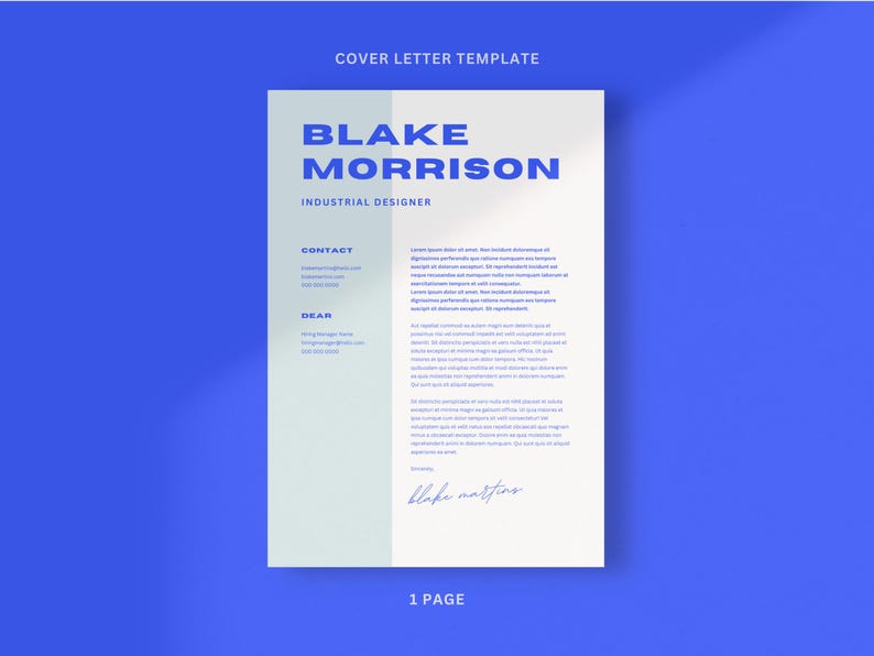 May include: A cover letter template featuring the name Blake Morrison and the job title Industrial Designer. The template includes sections for contact details and a letter body.
