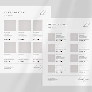 May include: A line sheet template for a design company called Bonne Design. The template has a simple, modern design with a gray background and black text. The template includes space for product names, descriptions, prices, and images. The template also includes a thank you message at the bottom.