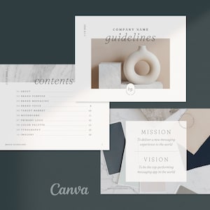 May include: Brand guidelines document with a white background and a marble texture. The document includes a table of contents, a mission statement, and a vision statement. The mission statement is "To deliver a new messaging experience to the world." The vision statement is "To be the top-performing messaging app in the world."