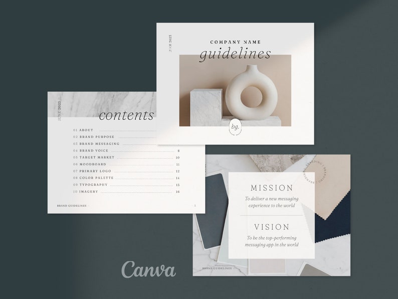 May include: Brand guidelines document with a white background and a marble texture. The document includes a table of contents, a mission statement, and a vision statement. The mission statement is "To deliver a new messaging experience to the world." The vision statement is "To be the top-performing messaging app in the world."