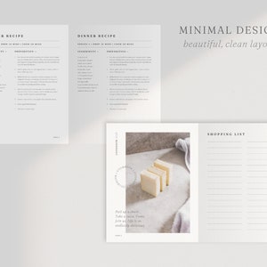 May include: A printable recipe booklet with a minimalist design. The booklet includes a dinner recipe, a shopping list, and a photo of a bar of soap. The text on the page reads "Dinner Recipe", "Shopping List", and "Pull up a chair. Take a zante. Come join us. Life is so endlessly delicious."
