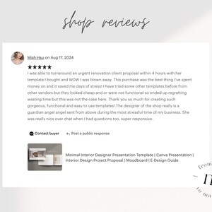Pu&ograve; includere: Uno screenshot di una recensione positiva per un negozio che vende modelli di design d'interni. La recensione evidenzia la velocit&agrave; e la qualit&agrave; dei modelli, affermando che hanno fatto risparmiare al recensore giorni di stress. Il recensore elogia anche la reattivit&agrave; e la disponibilit&agrave; del designer. L'immagine include un'anteprima dei modelli, che presentano un'estetica minimalista.