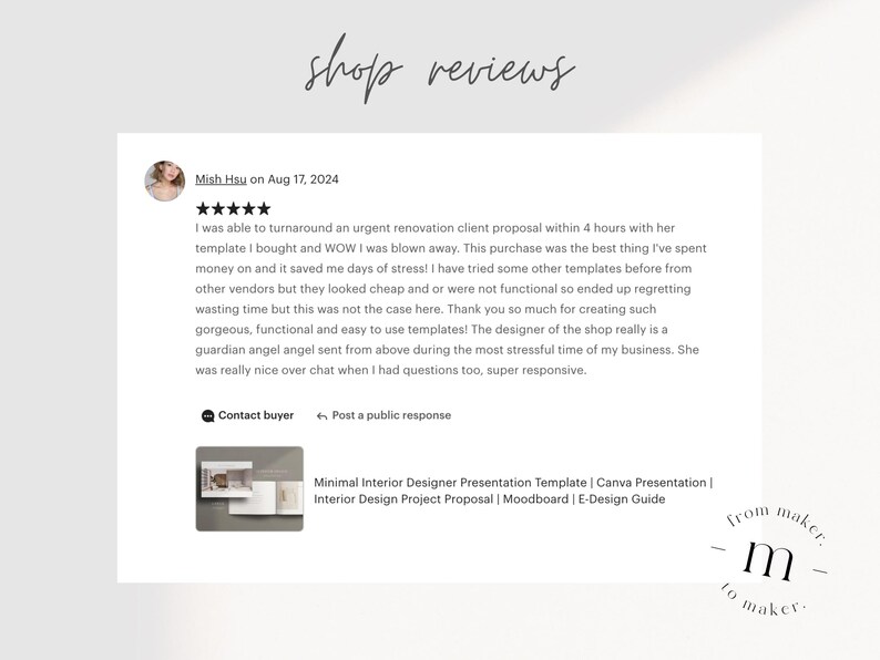 Pu&ograve; includere: Uno screenshot di una recensione positiva per un negozio che vende modelli di design d'interni. La recensione evidenzia la velocit&agrave; e la qualit&agrave; dei modelli, affermando che hanno fatto risparmiare al recensore giorni di stress. Il recensore elogia anche la reattivit&agrave; e la disponibilit&agrave; del designer. L'immagine include un'anteprima dei modelli, che presentano un'estetica minimalista.