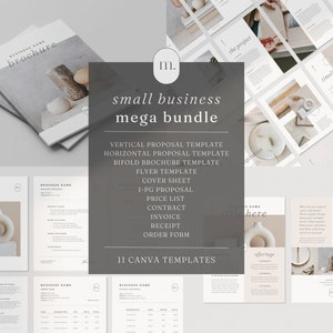 Könnte beinhalten: Ein Set mit 11 Canva-Vorlagen für kleine Unternehmen, darunter ein vertikaler Vorschlag, ein horizontaler Vorschlag, eine Broschüre im Zickzack-Format, ein Flyer, ein Deckblatt, ein einseitiger Vorschlag, eine Preisliste, ein Vertrag, eine Rechnung, eine Quittung und ein Bestellformular. Die Vorlagen zeichnen sich durch ein minimalistisches Design mit einer neutralen Farbpalette aus.