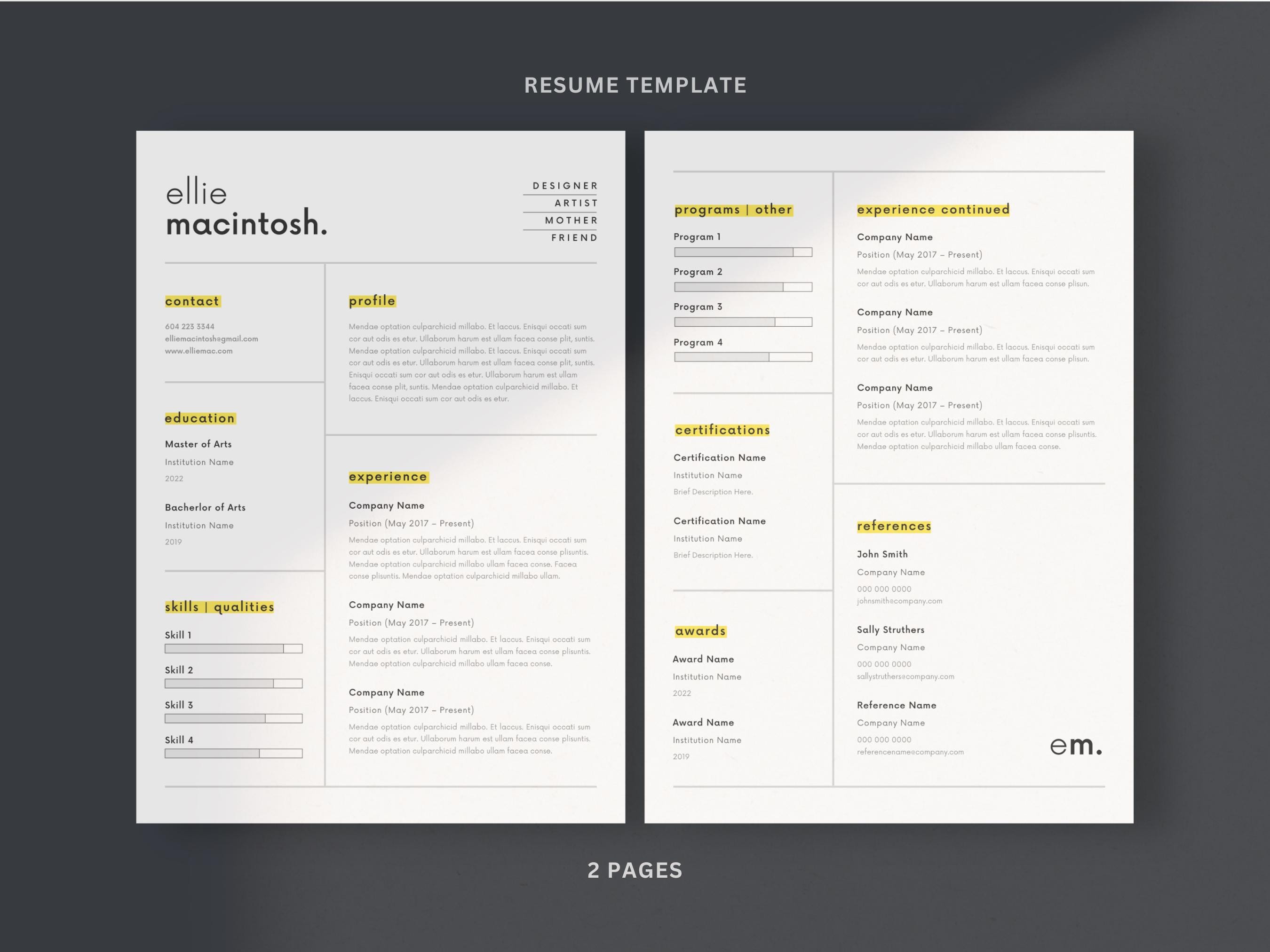 Modern Resume Template Canva: Minimalist CV Design (US Letter & A4) - Etsy