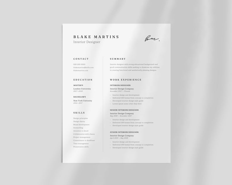 May include: A minimalist resume template for an interior designer, featuring the name "BLAKE MARTINS" at the top. The document includes sections for contact information, education, skills, and work experience, all in a clean, sans-serif font.