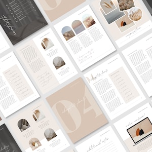 Könnte beinhalten: Ein digitaler Planer mit einem beige-braunen Farbschema. Der Planer hat einen Einband mit der Nummer "04" in großer Schrift. Die Seiten des Planers sind mit Text und Bildern gefüllt. Der Planer soll Menschen helfen, ihre Tage und Wochen zu planen.