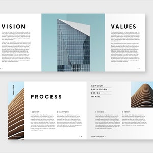 Puede incluir: Dise&ntilde;o de folleto con las palabras "VISION" y "VALUES" en los paneles superiores, y "PROCESS" en el panel inferior. El folleto presenta im&aacute;genes arquitect&oacute;nicas y texto. La combinaci&oacute;n de colores del folleto es blanco, azul claro y negro.