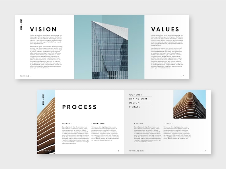 Puede incluir: Dise&ntilde;o de folleto con las palabras "VISION" y "VALUES" en los paneles superiores, y "PROCESS" en el panel inferior. El folleto presenta im&aacute;genes arquitect&oacute;nicas y texto. La combinaci&oacute;n de colores del folleto es blanco, azul claro y negro.