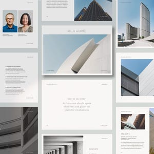 May include: A modern architecture portfolio showcasing a variety of projects. The portfolio features images of buildings, blueprints, and text describing the firm's design philosophy. The text reads "Modern Architect: Architecture should speak of its time and place, but yearn for timelessness."