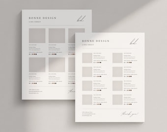 May include: A line sheet template with the text "Bonne Design" and "bd." at the top. The sheet is divided into nine sections, each with a space for a product name, description, SKU code, price, and color options. The bottom of the sheet includes the address "123 Address Here" and the website "bonnedesign.com".