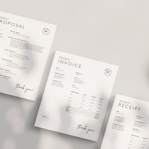 May include: Three white documents with black text, titled "Project Proposal", "Project Invoice", and "Project Receipt". Each document has a logo with the letters "AR" in a circle.
