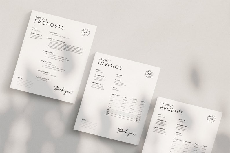 May include: Three white documents with black text, titled "Project Proposal", "Project Invoice", and "Project Receipt". Each document has a logo with the letters "AR" in a circle.