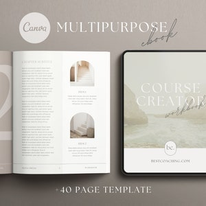 May include: A digital mockup of a course creator workbook with a beige background and a photo of a beach with a rocky cliff. The text "COURSE CREATOR workbook" is in a serif font. The text "bc. BESTCOACHING.COM" is in a sans-serif font. The workbook is a 40-page template.