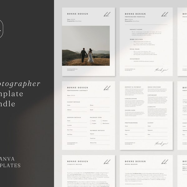Minimal Photography Template Bundle Canva | 10 Photography Forms | Contract Template Set | Wedding Photography Business | Proposal | Invoice