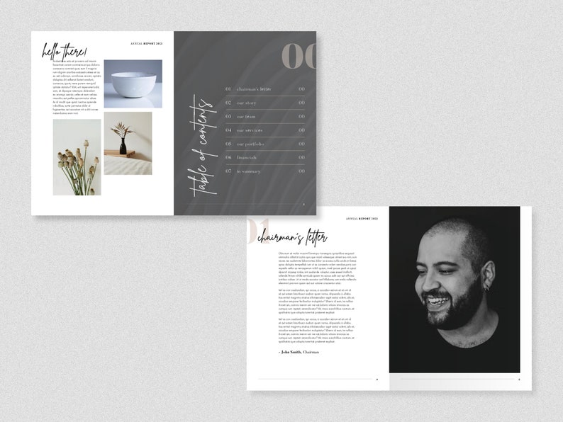 Puede incluir: Una foto en blanco y negro de un hombre sonriendo. La foto est&aacute; en una p&aacute;gina con el texto "chairman's letter" y un p&aacute;rrafo de texto debajo.