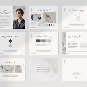 May include: A branding guide with a minimalist aesthetic. The guide includes sections for target market, moodboard, primary logo, logo variations, color palette, typography, and imagery. The primary logo is a simple, handwritten "bg."