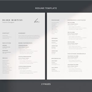 May include: A two-page resume template with a minimalist design. The resume is for an interior designer named Blake Martins. The text is in a dark gray color on a white background. The words "Resume Template" and "2 Pages" are visible.
