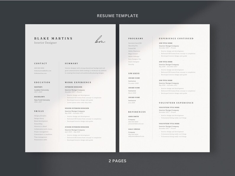 May include: A two-page resume template with a minimalist design. The resume is for an interior designer named Blake Martins. The text is in a dark gray color on a white background. The words "Resume Template" and "2 Pages" are visible.