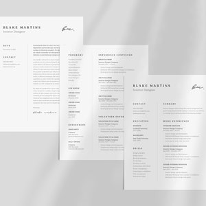 May include: Three-page resume template for an Interior Designer. The resume is in black and white with the name "Blake Martins" at the top of each page. The resume includes sections for contact information, experience, education, and skills.