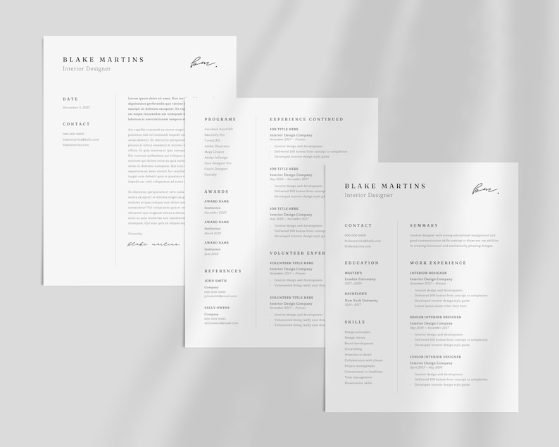 May include: Three-page resume template for an Interior Designer. The resume is in black and white with the name "Blake Martins" at the top of each page. The resume includes sections for contact information, experience, education, and skills.