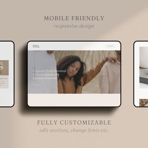 May include: A website mockup with the text "Mobile Friendly" and "Responsive Design" at the top. The website is designed to help people empower their potential and unleash success with business essentials. The website is fully customizable, allowing users to edit sections, change fonts, and more.