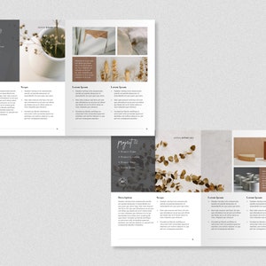 Puede incluir: Dos p&aacute;ginas de un libro de portafolio de proyectos. La p&aacute;gina izquierda tiene un fondo gris con el texto "project 02" y una lista de detalles del proyecto. La p&aacute;gina derecha tiene una foto de una maceta de cer&aacute;mica blanca con flores secas sobre un fondo blanco. El texto "Lorem Ipsum" est&aacute; impreso debajo de la foto.