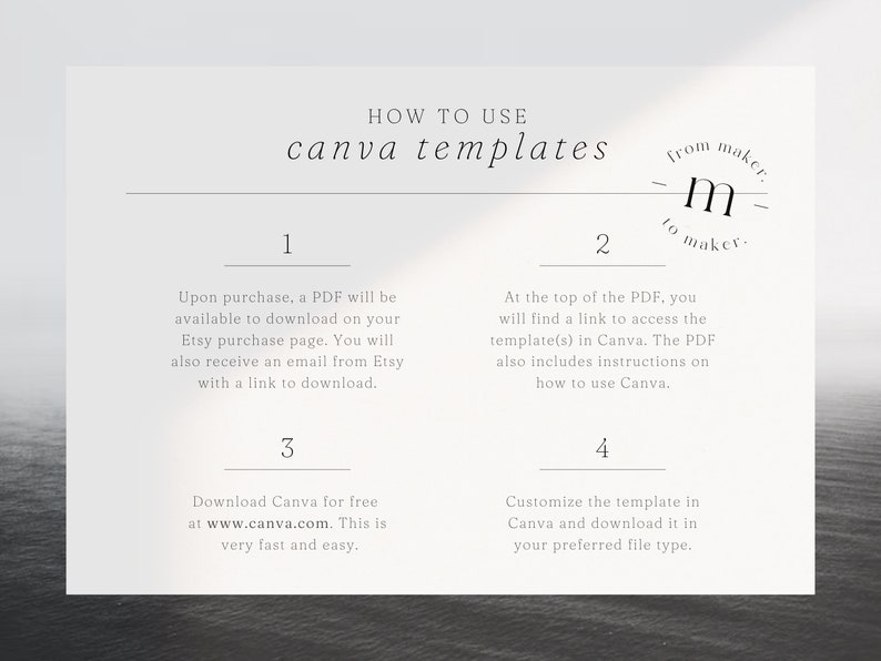May include: A white background with a gray overlay and a black text box with instructions on how to use Canva templates. The text box is divided into four sections, each with a number and a description. The text includes the website address www.canva.com.