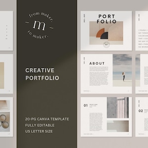 May include: A minimalist creative portfolio template. The cover displays the text "Creative Portfolio" and "from maker to maker". Inside, pages showcase content sections, project examples, and the text "20-PG CANVA TEMPLATE FULLY EDITABLE US LETTER SIZE".