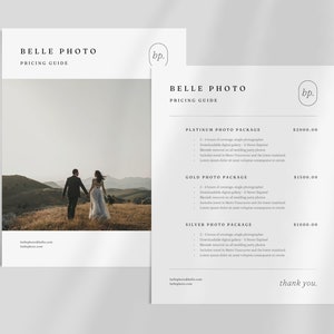 Pode incluir: Um guia de pre&ccedil;os para Belle Photo, um neg&oacute;cio de fotografia de casamento. O guia lista tr&ecirc;s pacotes: Platina, Ouro e Prata, com pre&ccedil;os de $ 2000,00, $ 1500,00 e $ 1000,00, respectivamente. Cada pacote inclui um n&uacute;mero determinado de horas de cobertura, uma galeria digital e outros servi&ccedil;os.
