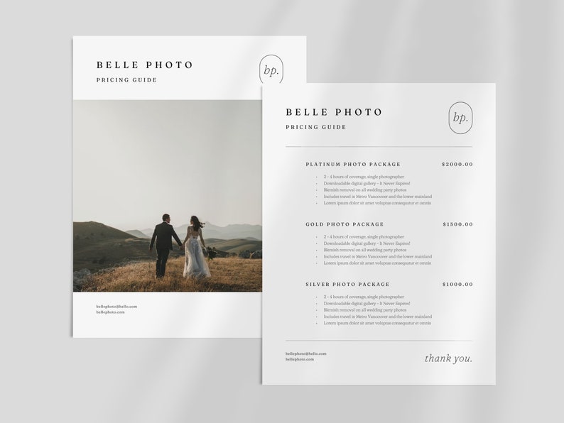 Pode incluir: Um guia de pre&ccedil;os para Belle Photo, um neg&oacute;cio de fotografia de casamento. O guia lista tr&ecirc;s pacotes: Platina, Ouro e Prata, com pre&ccedil;os de $ 2000,00, $ 1500,00 e $ 1000,00, respectivamente. Cada pacote inclui um n&uacute;mero determinado de horas de cobertura, uma galeria digital e outros servi&ccedil;os.