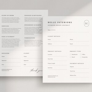 May include: A black and white interior design contract template with the title "Belle Interiors Interior Design Contract". The contract includes sections for client details, project details, project type, and payment details.