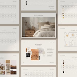 Könnte beinhalten: Ein Satz von Innendesign-Dokumenten mit einem Moodboard, einem Materialboard und Zeitplänen für Bodenbeläge, Farbe, Beschläge, Arbeitsplatten und Schränke. Das Moodboard zeigt ein Foto eines Schlafzimmers mit einem Bett, einem Nachttisch und einem Fenster mit natürlichem Licht. Das Materialboard zeigt Muster von Holz, Stoff und Farbe.