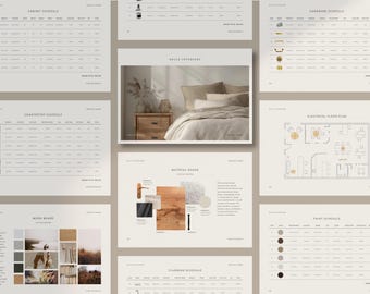 May include: A set of interior design documents with a mood board, material board, and schedules for flooring, paint, hardware, countertops, and cabinets. The mood board features a photo of a bedroom with a bed, nightstand, and a window with natural light. The material board shows samples of wood, fabric, and paint.