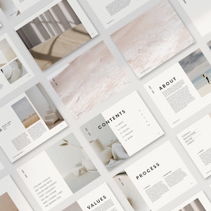 Puede incluir: Una maqueta de un portafolio que muestra el trabajo de un estudio de dise&ntilde;o. Las p&aacute;ginas presentan una est&eacute;tica minimalista con fondos blancos y texto negro. Las p&aacute;ginas incluyen secciones tituladas "Acerca de", "Contenido", "Valores", "Proceso" y "Portafolio".