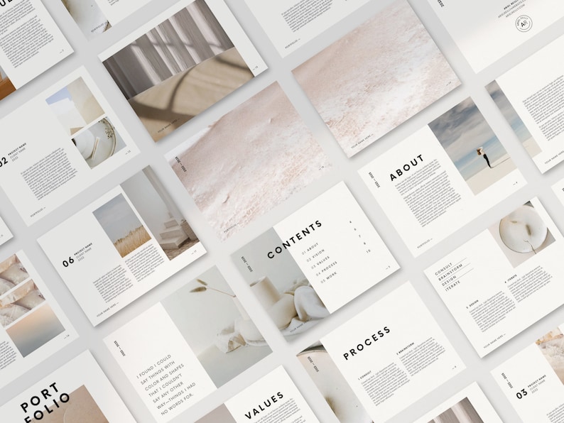 Puede incluir: Una maqueta de un portafolio que muestra el trabajo de un estudio de dise&ntilde;o. Las p&aacute;ginas presentan una est&eacute;tica minimalista con fondos blancos y texto negro. Las p&aacute;ginas incluyen secciones tituladas "Acerca de", "Contenido", "Valores", "Proceso" y "Portafolio".