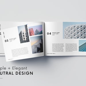 Puede incluir: Un libro de portafolio blanco con im&aacute;genes arquitect&oacute;nicas y texto. La portada dice "2022-2023" y "Portfolio". Las p&aacute;ginas abiertas muestran detalles del proyecto con im&aacute;genes y texto. La parte inferior de la imagen dice "Simple + Elegant NEUTRAL DESIGN".