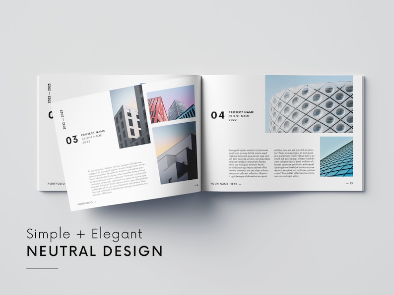 Puede incluir: Un libro de portafolio blanco con im&aacute;genes arquitect&oacute;nicas y texto. La portada dice "2022-2023" y "Portfolio". Las p&aacute;ginas abiertas muestran detalles del proyecto con im&aacute;genes y texto. La parte inferior de la imagen dice "Simple + Elegant NEUTRAL DESIGN".