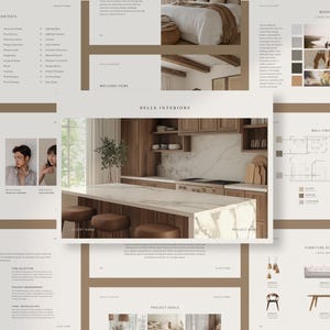 May include: A brochure for Belle Interiors, showcasing interior design concepts. The main image features a modern kitchen with a marble worktop and wooden cabinetry. Other pages display design elements, furniture, and project details. The colour palette is neutral with brown and beige tones.