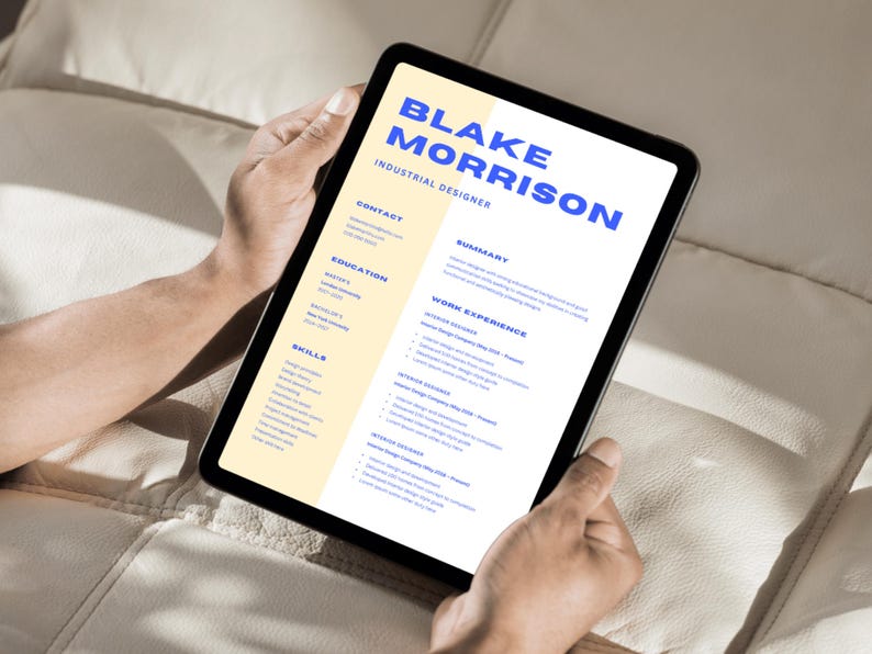 May include: A digital tablet displaying a CV for Blake Morrison, an Industrial Designer. The CV includes sections for contact information, education, work experience, skills, and a summary.