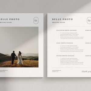 Pode incluir: Um guia de pre&ccedil;os para Belle Photo, um neg&oacute;cio de fotografia de casamento. O guia lista tr&ecirc;s pacotes: Platina, Ouro e Prata, com pre&ccedil;os e descri&ccedil;&otilde;es dos servi&ccedil;os inclu&iacute;dos em cada pacote.
