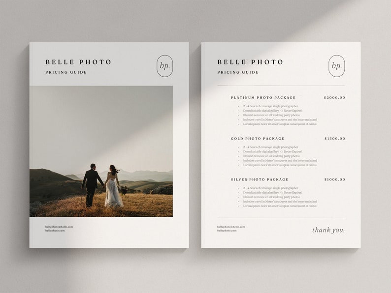 Pode incluir: Um guia de pre&ccedil;os para Belle Photo, um neg&oacute;cio de fotografia de casamento. O guia lista tr&ecirc;s pacotes: Platina, Ouro e Prata, com pre&ccedil;os e descri&ccedil;&otilde;es dos servi&ccedil;os inclu&iacute;dos em cada pacote.