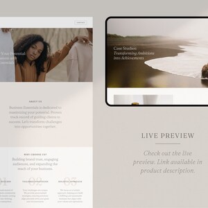 May include: A website screenshot showing a business website with the text "Empower Your Potential: Unleash Success with Business Essentials" and "Case Studies: Transforming Ambitions into Achievements". The website also includes a section about the business and a section about why to choose them. The website has a live preview link.