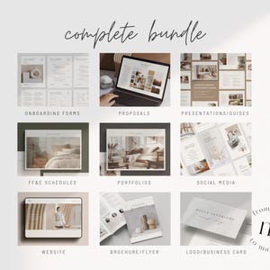 Pu&ograve; includere: Una griglia di nove immagini che mostrano diversi tipi di modelli per interior designer. I modelli includono moduli di onboarding, proposte, presentazioni, programmi FF&E, portfolio, post sui social media, siti web, brochure e biglietti da visita. I modelli sono progettati in uno stile minimalista con una tavolozza di colori neutri.