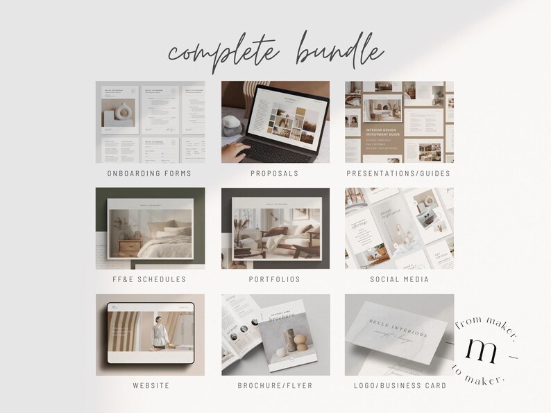 Pu&ograve; includere: Una griglia di nove immagini che mostrano diversi tipi di modelli per interior designer. I modelli includono moduli di onboarding, proposte, presentazioni, programmi FF&E, portfolio, post sui social media, siti web, brochure e biglietti da visita. I modelli sono progettati in uno stile minimalista con una tavolozza di colori neutri.