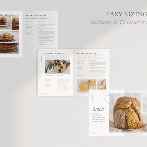 May include: A cookbook with recipes for breakfast, lunch, and dinner. The cookbook features photos of food, including pancakes, oatmeal, and bread. The text on the cover says "Easy Sizing, available in US Letter & A4 size".