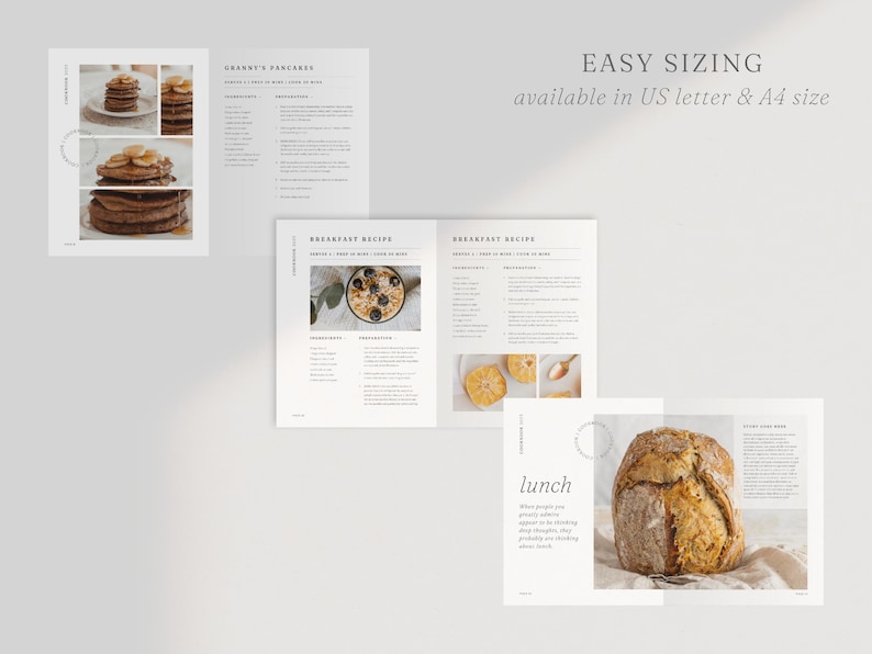 May include: A cookbook with recipes for breakfast, lunch, and dinner. The cookbook features photos of food, including pancakes, oatmeal, and bread. The text on the cover says "Easy Sizing, available in US Letter & A4 size".