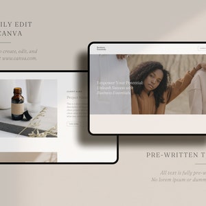 May include: A website mockup with a light brown background and a black frame. The website features a photo of a woman with curly hair wearing a brown hoodie. The text on the website reads "Empower Your Potential: Unleash Success with Business Essentials". The website also features a photo of a bottle of essential oil and a white tube of cream. The text "PRE-WRITTEN TEXT" is displayed below the website mockup. The text below "PRE-WRITTEN TEXT" reads "All text is fully pre-written. No lorem ipsum or dummy text."
