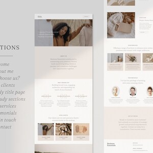 May include: Website screenshot showing the sections of a business website. The website is designed in a minimalist style with a neutral color palette. The sections include "Home", "About Me", "Why Choose Us?", "Our Clients", "Case Study Title Page", "3 Case Study Sections", "Our Services", "Testimonials", "Get in Touch", and "Contact".